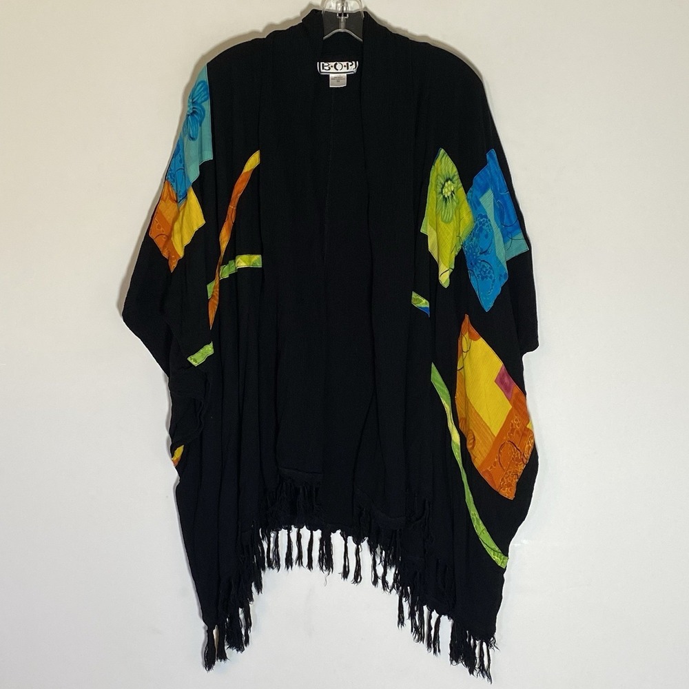 We Be Bop Top Womens 3X Black Kimono Hand Painted Art to Wear Tassel Fringe Boho